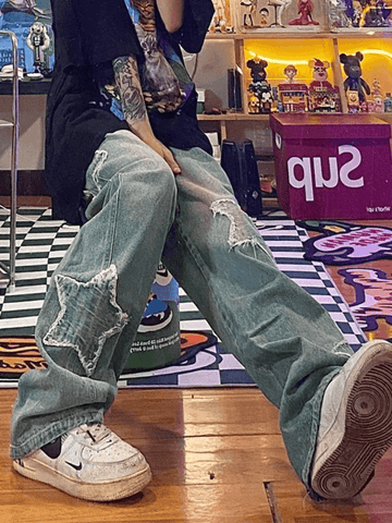 Sonicelife Blue Wash Star Patched Boyfriend Jeans