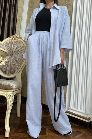 Sonicelife-Button Belt Wide Leg Pants Two-piece Set