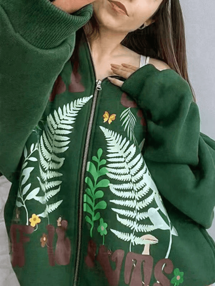 Back To School Sonicelife Botanical Print Green Zip-Up Hoodie