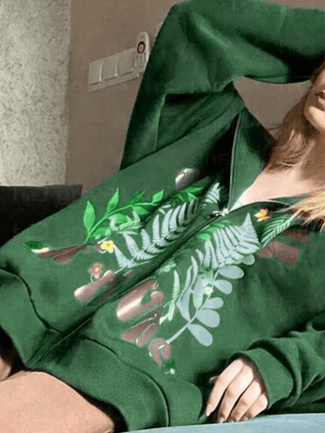 Back To School Sonicelife Botanical Print Green Zip-Up Hoodie