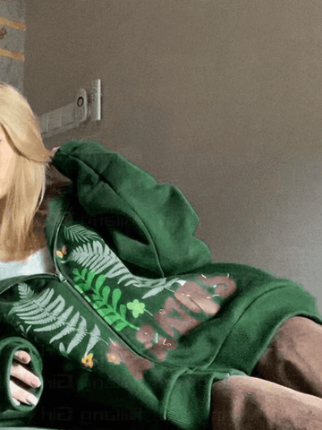 Back To School Sonicelife Botanical Print Green Zip-Up Hoodie