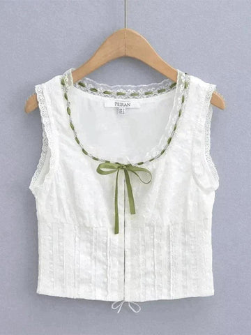 Sonicelife-Broderie Lace White Cropped Tank Top