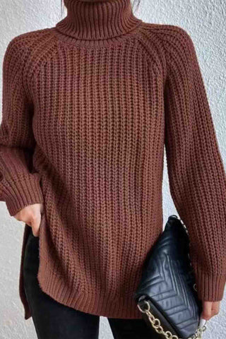 Sonicelife Raglan Sleeve Turtleneck Slit Mid-Length Sweater