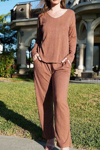 Sonicelife V Neck Ribbed Long Sleeve Two-Piece Set