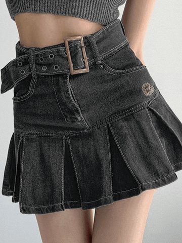 Sonicelife Buckle Belt Pleated Denim Mini Skirt