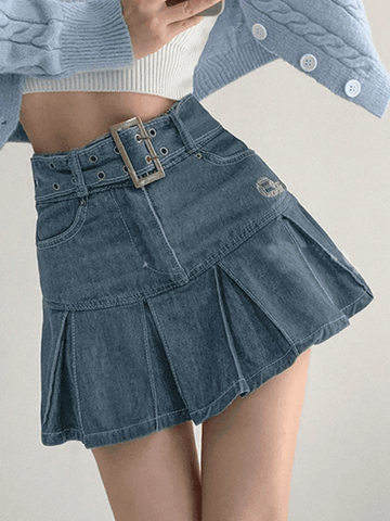 Sonicelife Buckle Belt Pleated Denim Mini Skirt