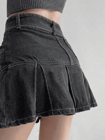 Sonicelife Buckle Belt Pleated Denim Mini Skirt