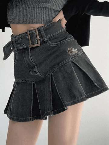 Sonicelife Buckle Belt Pleated Denim Mini Skirt