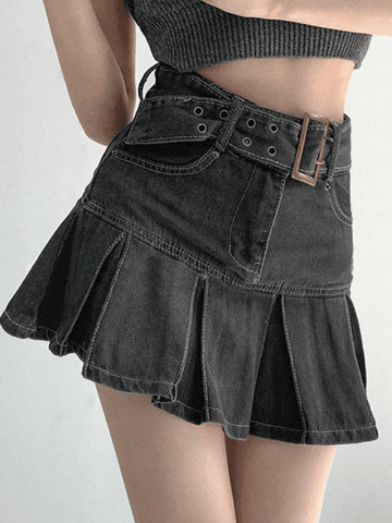 Sonicelife Buckle Belt Pleated Denim Mini Skirt