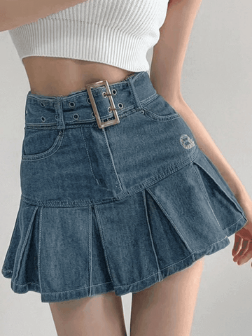 Sonicelife Buckle Belt Pleated Denim Mini Skirt