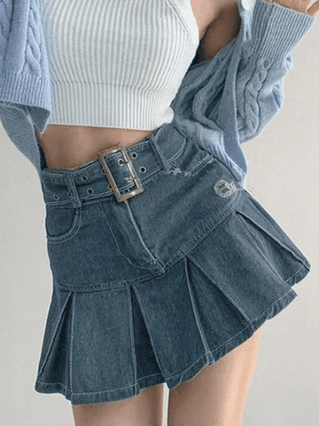 Sonicelife Buckle Belt Pleated Denim Mini Skirt