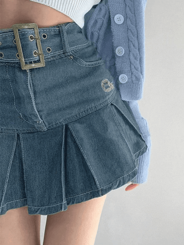 Sonicelife Buckle Belt Pleated Denim Mini Skirt