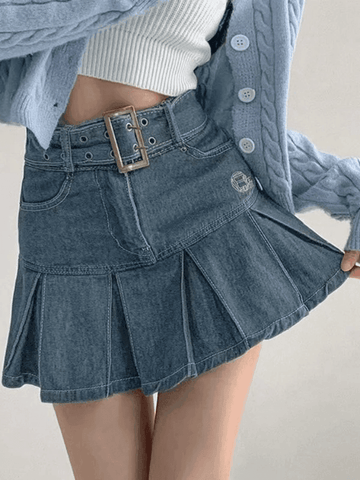 Sonicelife Buckle Belt Pleated Denim Mini Skirt