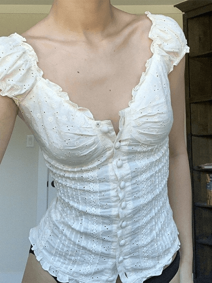 Sonicelife Button Down Broidered Lace Crop Blouse