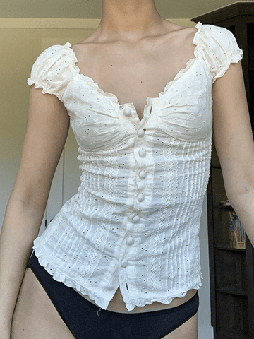 Sonicelife Button Down Broidered Lace Crop Blouse