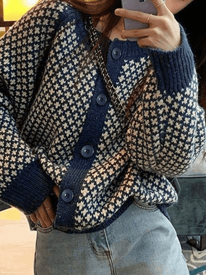 Sonicelife-Button Front Jacquard Knit Cardigan