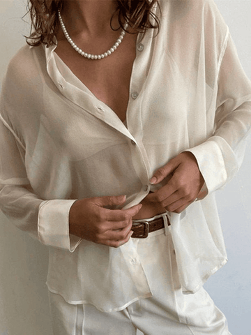 Sonicelife Button Front Semi Sheer Long Sleeve Blouse