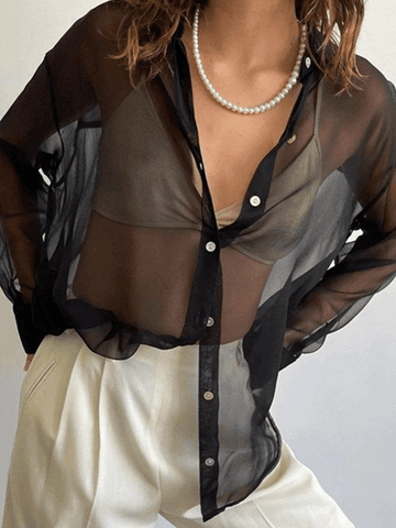 Sonicelife Button Front Semi Sheer Long Sleeve Blouse