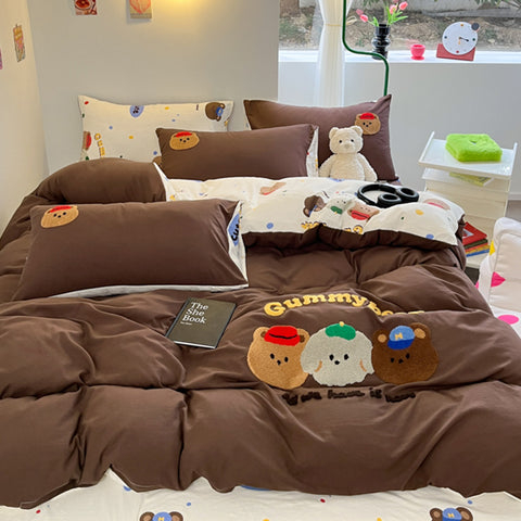 Sonicelife Mocha Bear Embroidery Bedding Set Twin Queen Duvet Cover Set Pillowcases for Adult Kids Bed Flat Sheet Cute Quilt Cover Kawaii