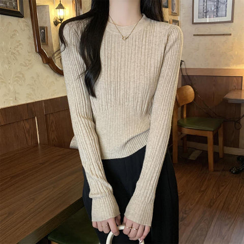 Black Friday Sonicelife Elegant Knitted Pullover Women Korean Slim Stretch Vertical Pit Stripes Solid Sweater Spring Fall Long Sleeved O-Neck Female Top