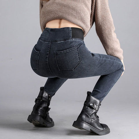 Sonicelife Thickened Pencil Pants Fall Winter Cashmere Warm Imitation jeans For Women High Waist Casual Women Office Trousers