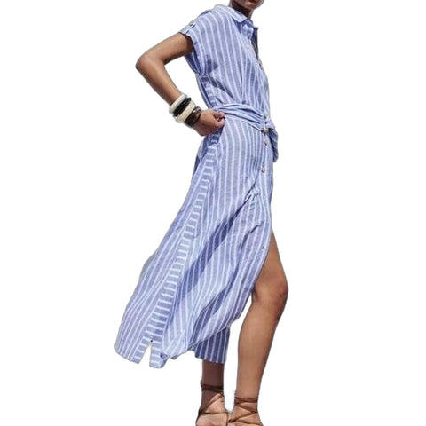 Sonicelife Women's Linen Blended Stripe Dress with Belt Commuting Style Midi Long Dress Card Shoulder New