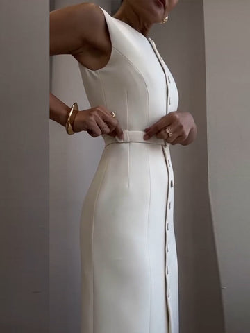 Sonicelife Elegant Single Breasted Tank Dress Women Sleeveless O-neck Slim Solid Belts Dresses 2025 Spring Commute Street Split Lady Robes