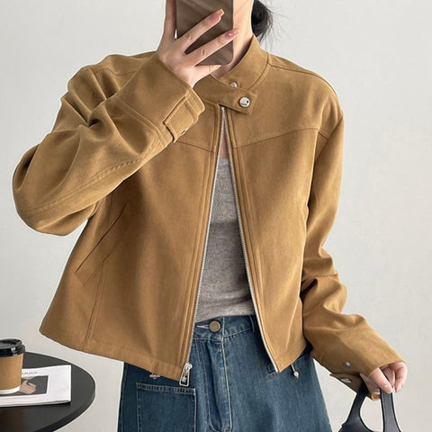 Sonicelife American Vintage Jacket Women Y2K Autumn Stand Collar Long Sleeve Zipper Short Coat Harajuku Streetwear All Match Motorcycle Top