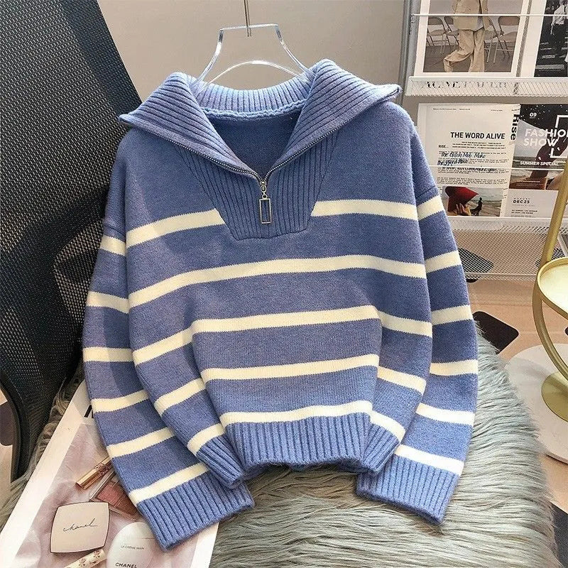 Black Friday Sonicelife Korean Striped Knit Pullover Women Half Zip Casual Loose Lazy Autumn Winter Jumpers Pretty Style Basic Warm Female Sweater