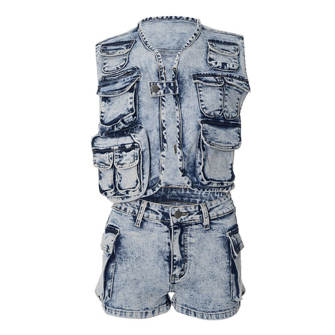 Sonicelife Fashion Women 2 Piece Wash Denim Multi Pockets Vest Tops Cargo Shorts Sets Denim Shorts Jeans Hiphop Punk Lady Two Piece Outfits