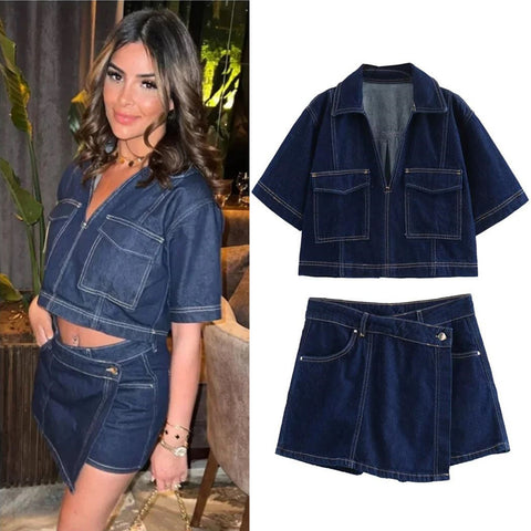 Sonicelife Spring New Women's Fashion Temperament Casual Versatile V-neck Short Denim Shirt Double Breasted Denim Skirt Set