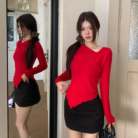 Sonicelife Korean Long Sleeve T Shirt Women Autumn Winter Chic Irregular Knitted Slim Tops Fashion Casual All Match Red Bottoming Shirt New