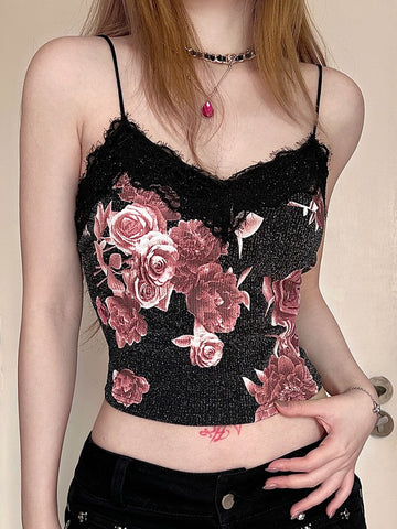 Sonicelife Vintage Aesthetic Camisole Women Y2k E-girl Soft Goth Streetwear Florals Printed Lace Patchwork Crop Tank Tops Female
