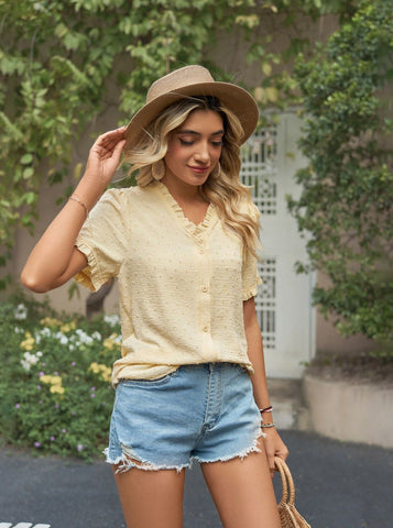 Sonicelife-Casual Chiffon Button Up V-Neck Blouse