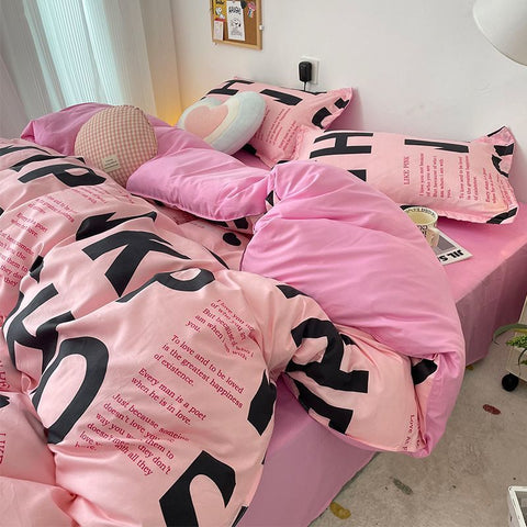 Sonicelife Korean Style Pink Letter Bedding Set Flat Bed Sheet Pillowcase Twin Full Queen Size Bed Linen Women Girls Duvet Cover No Filling