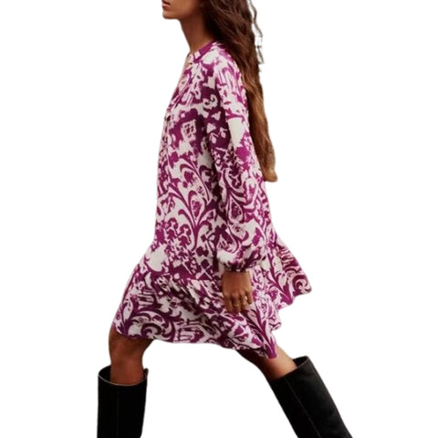 Sonicelife Women's Long Sleeve Single Breasted Mini Dress, Printed V-Neck, Slimming and Cute, Versatile, New