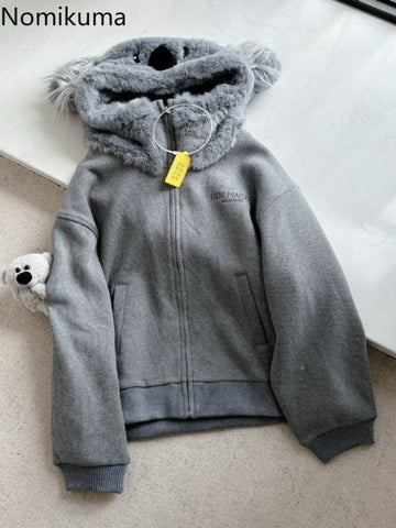 Sonicelife Bear Hooded Sweatshirts Jackets for Women 2025 Autumn Winter Clothing Korean Fashion Cute Y2k Tops Casual Zipper Hoodies Coats