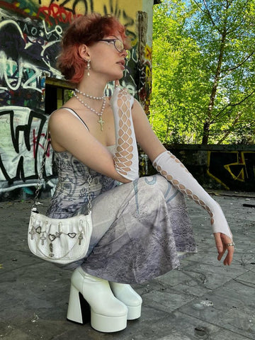 Sonicelife Vintage Gothic Dress Women Emo Alt Streetwear Y2k Butterfly Bone Printed Spaghetti Strap High Waist Bodycon Dress Female