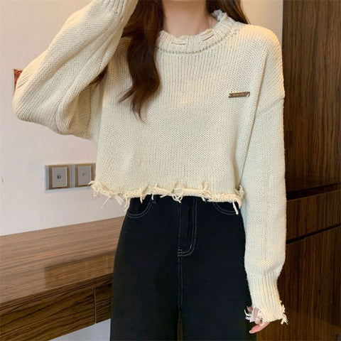 Black Friday Sonicelife Hollow Out Knitted Sweater Women Long-Sleeved Harajuku Y2K Chic Loose Lazy Pullover Hip-Hop Spring Fall Female Cropped Tops