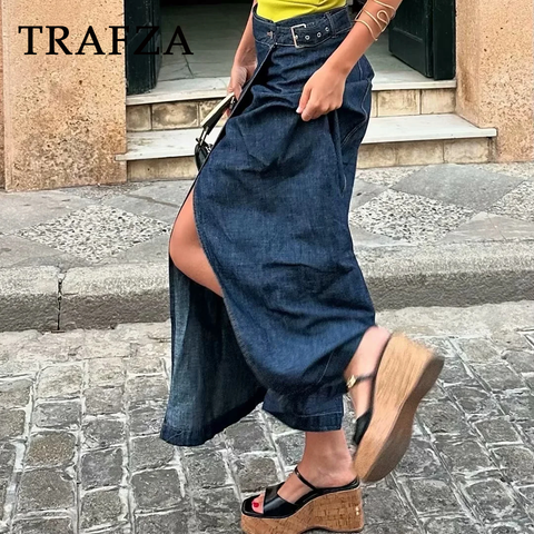 thanksgiving outfit Sonicelife 2024 Spring Summer Casual Denim Women Skirts Fashion Vintage Loose Sashes Elegant Chic Ladies Long Skirts