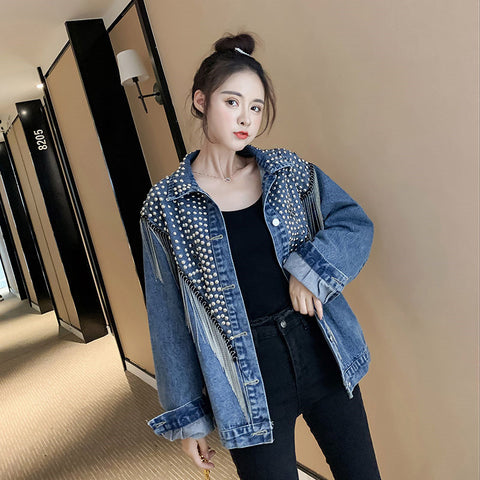 Sonicelife 2025 Autumn Streetwear Denim Jacket Women Hand-studded Rivet Tassel Chain Short Jeans Jacket Loose Vintage Casual Black Coats