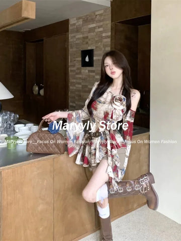 Sonicelife Autumn Vintage Aesthetic Outfits 2 Piece Set Women American Retro Design Y2k Print Tops + Hot Girls High Waist Shorts 2025 New
