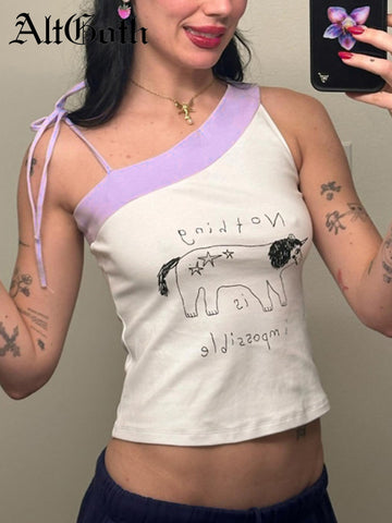 Sonicelife Hotsweet Y2k Camisole Women Streetwear Hipster Vintage 2000s Cute Kawaii Lettes Printed Lace-up Crop Tank Tops Female