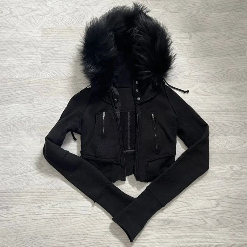 Sonicelife Gothic Harajuku Y2K Womens Autumn Winter Fur Collar Hoodie Rock Punk Hip Hop Emo Girl Sweater Casual Cropped Cardigan Streetwear