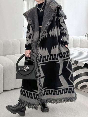 christmas outfit Sonicelife Long Sleeves Loose Contrast Color Tasseled Lapel Cardigan Coats