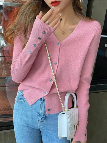 Back To School Sonicelife Solid Color V Neck Button Decor Cardigan