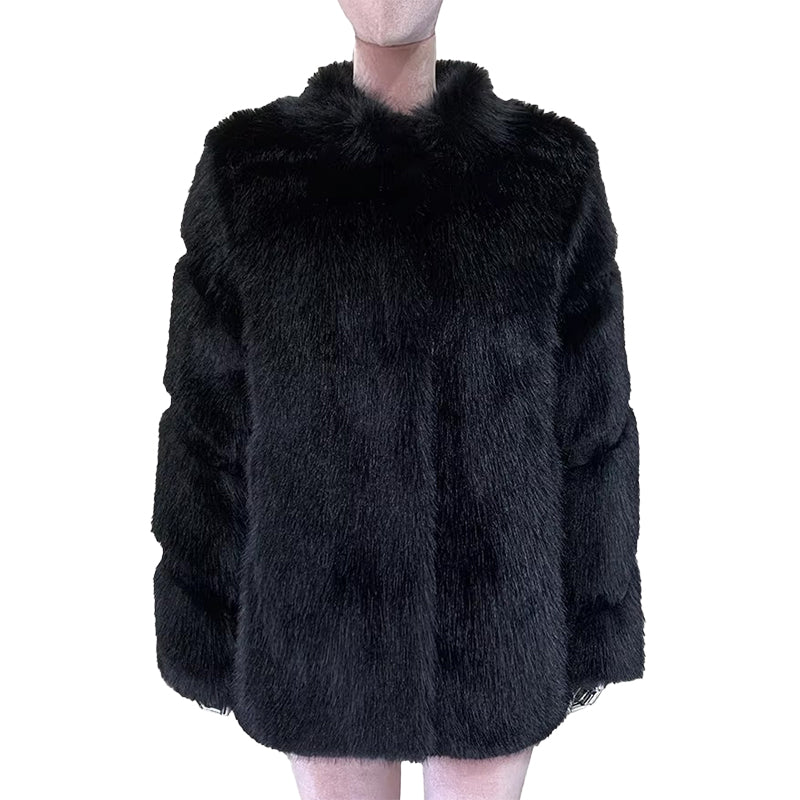 christmas outfit Sonicelife Spring Winter Thick Warm Black Hairy Patchwork Faux Fur Coat Women Stand Collar Luxury Designer Fluffy Jacket 2025