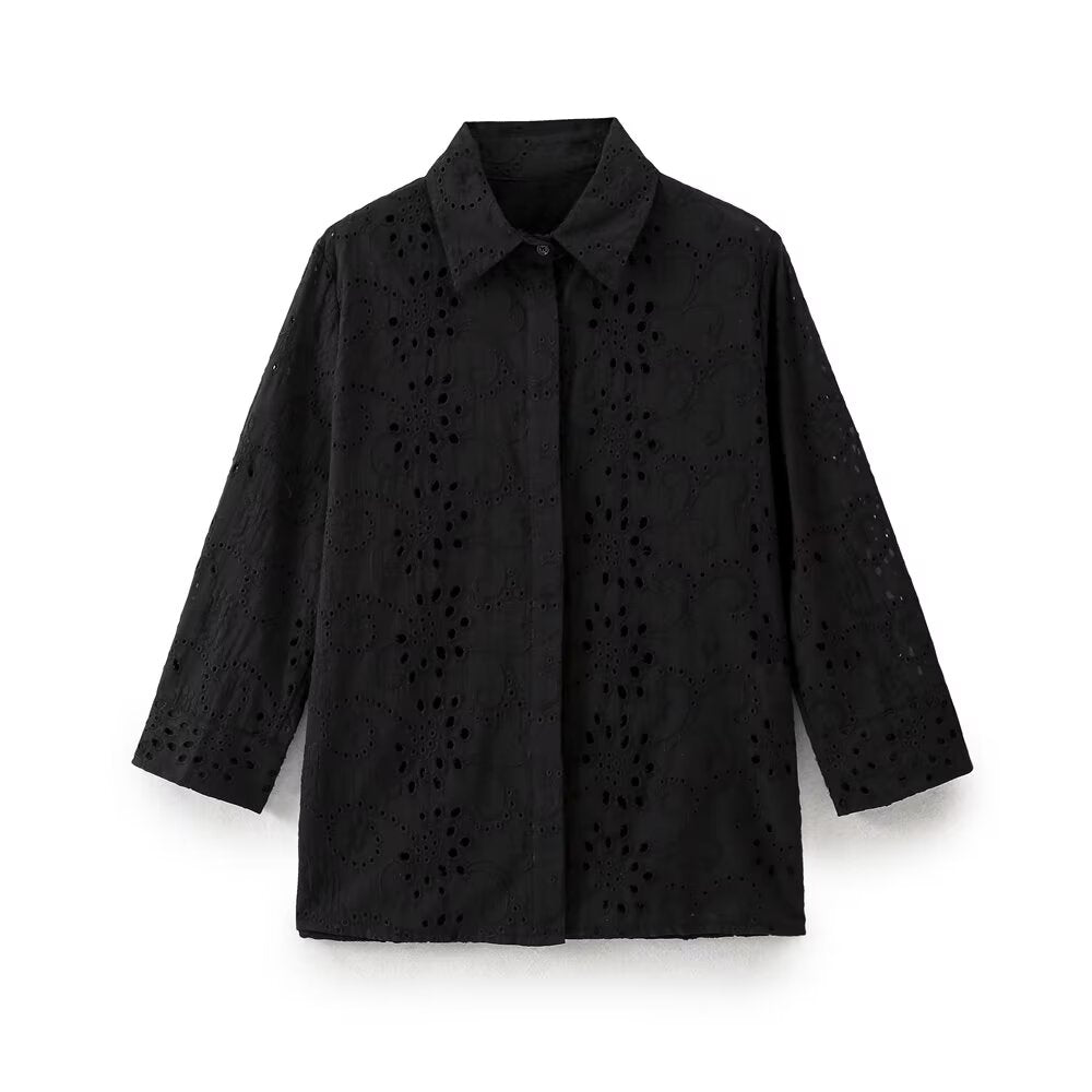 Sonicelife Women's Long Sleeved Shirt Solid Color Hollow Embroidery for Commuting Sweet and Versatile New