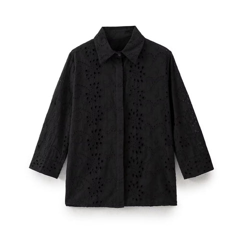 Sonicelife Women's Long Sleeved Shirt Solid Color Hollow Embroidery for Commuting Sweet and Versatile New