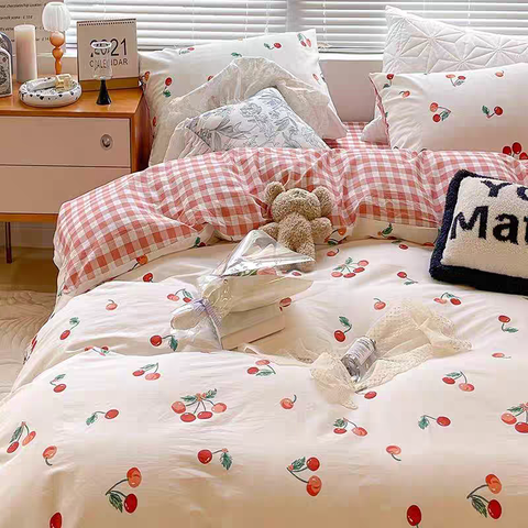 Sonicelife Cute Cherry Duvet Cover Set with Pillowcase Soft Summer Thin Flat Sheet Floral Boys Girls Queen Full Size Home Bedding Kit